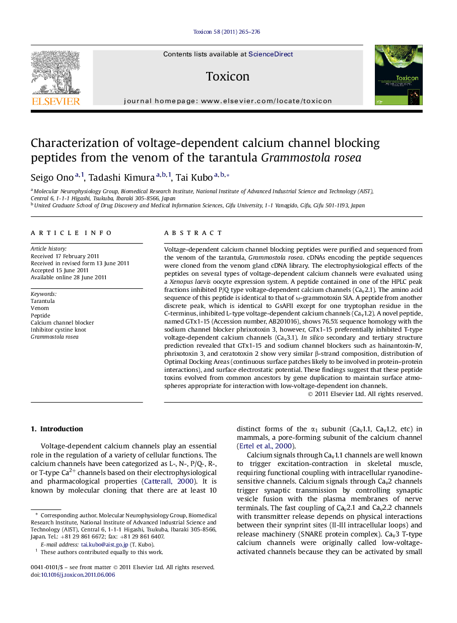 Characterization of voltage-dependent calcium channel blocking peptides from the venom of the tarantula Grammostola rosea