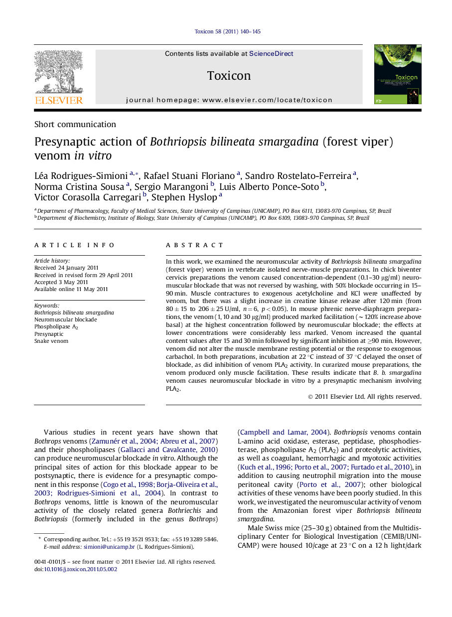 Presynaptic action of Bothriopsis bilineata smargadina (forest viper) venom inÂ vitro