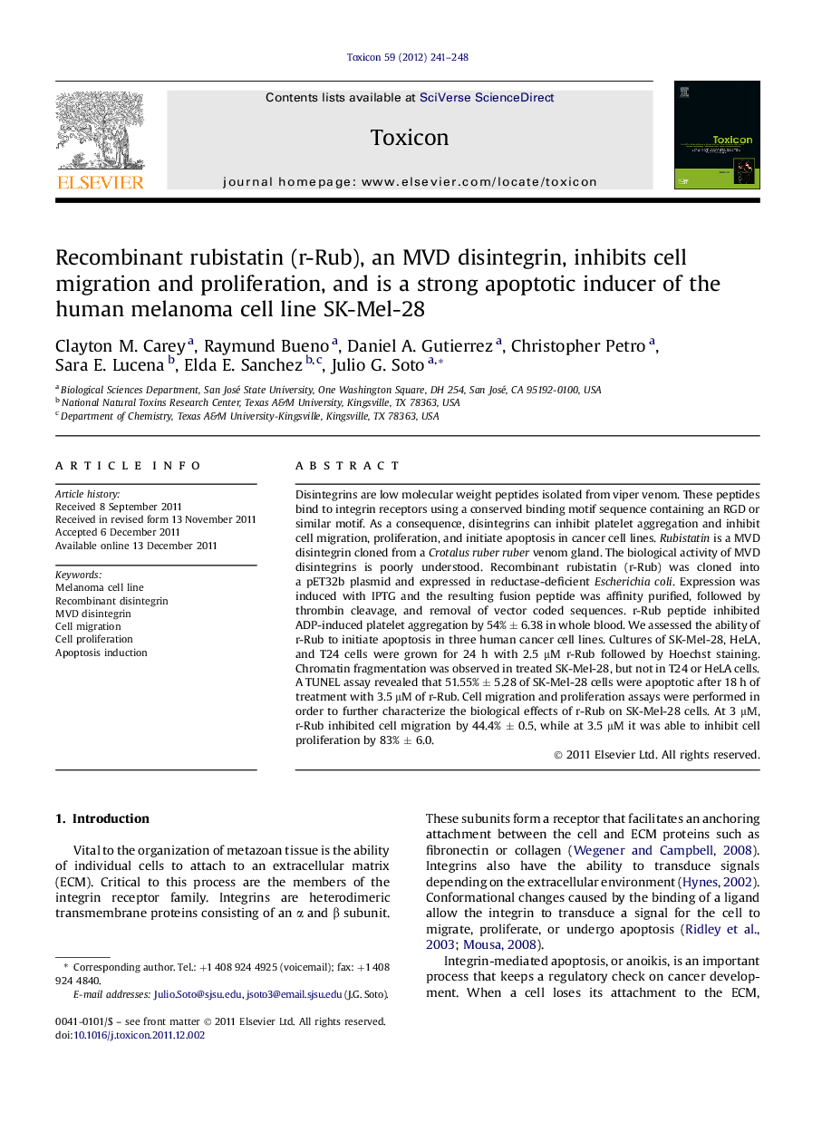 Recombinant rubistatin (r-Rub), an MVD disintegrin, inhibits cell migration and proliferation, and is a strong apoptotic inducer of the human melanoma cell line SK-Mel-28