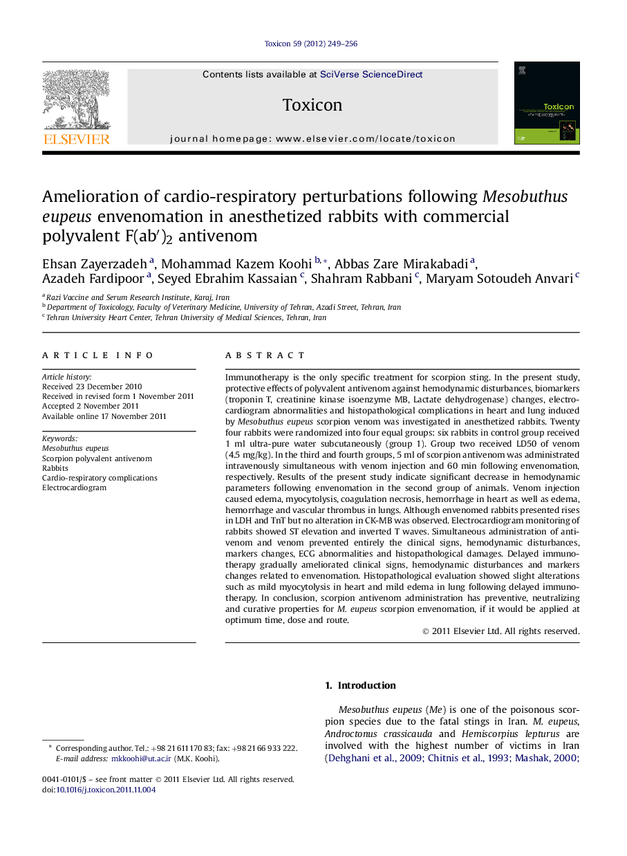 Amelioration of cardio-respiratory perturbations following Mesobuthus eupeus envenomation in anesthetized rabbits with commercial polyvalent F(abâ²)2 antivenom