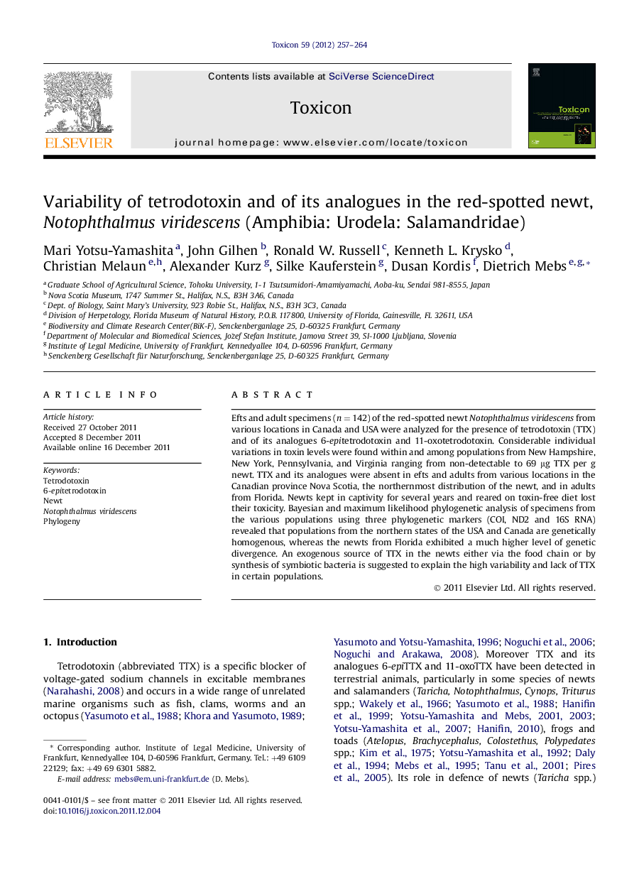 Variability of tetrodotoxin and of its analogues in the red-spotted newt, Notophthalmus viridescens (Amphibia: Urodela: Salamandridae)