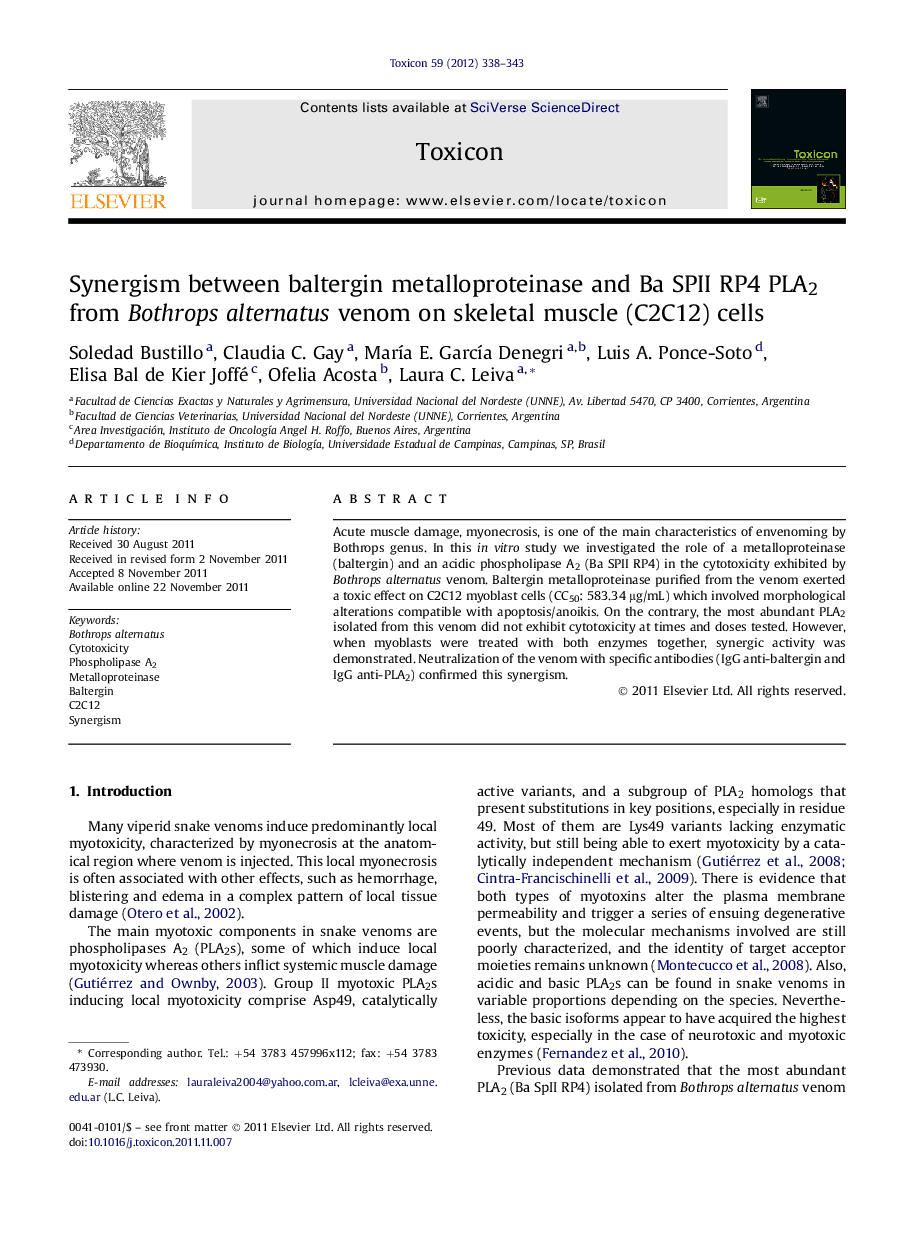 Synergism between baltergin metalloproteinase and Ba SPII RP4 PLA2 from Bothrops alternatus venom on skeletal muscle (C2C12) cells