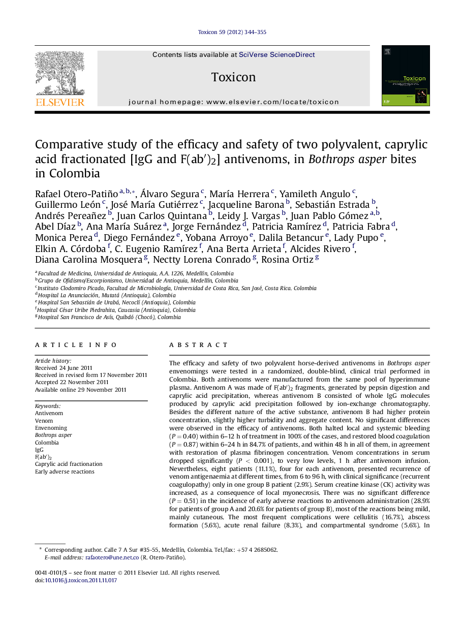 Comparative study of the efficacy and safety of two polyvalent, caprylic acid fractionated [IgG and F(abâ²)2] antivenoms, in Bothrops asper bites inÂ Colombia