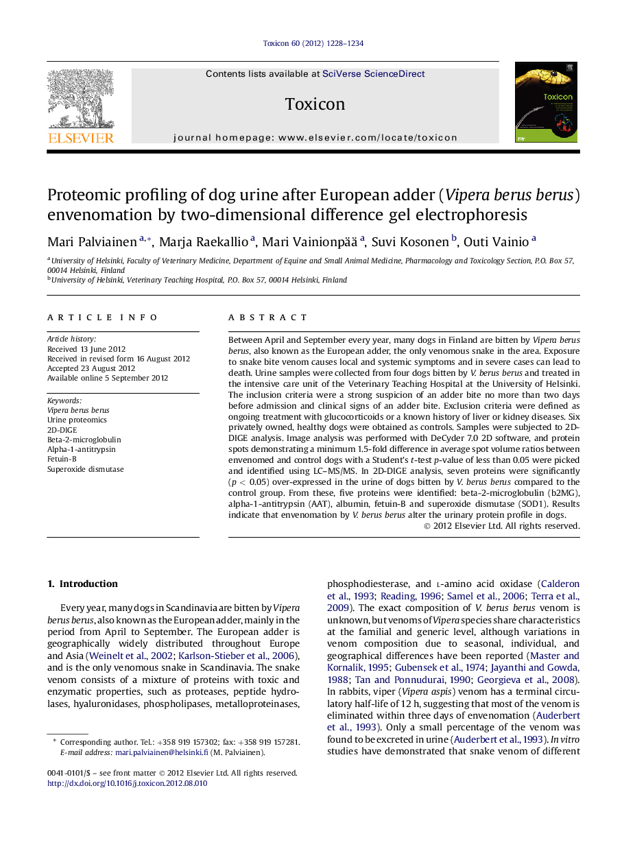 Proteomic profiling of dog urine after European adder (Vipera berus berus) envenomation by two-dimensional difference gel electrophoresis