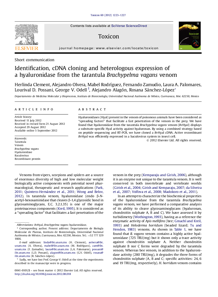Identification, cDNA cloning and heterologous expression of a hyaluronidase from the tarantula Brachypelma vagans venom