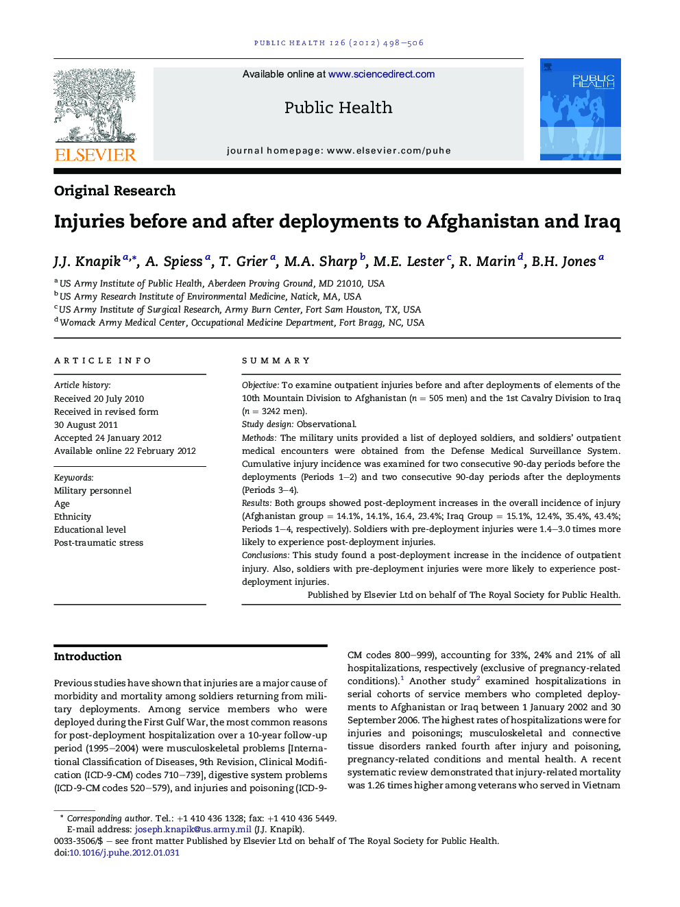 Injuries before and after deployments to Afghanistan and Iraq