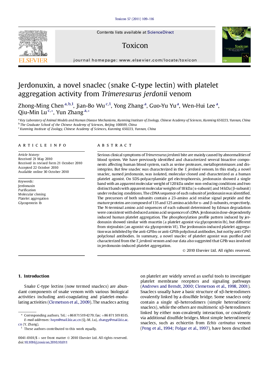 Jerdonuxin, a novel snaclec (snake C-type lectin) with platelet aggregation activity from Trimeresurus jerdonii venom