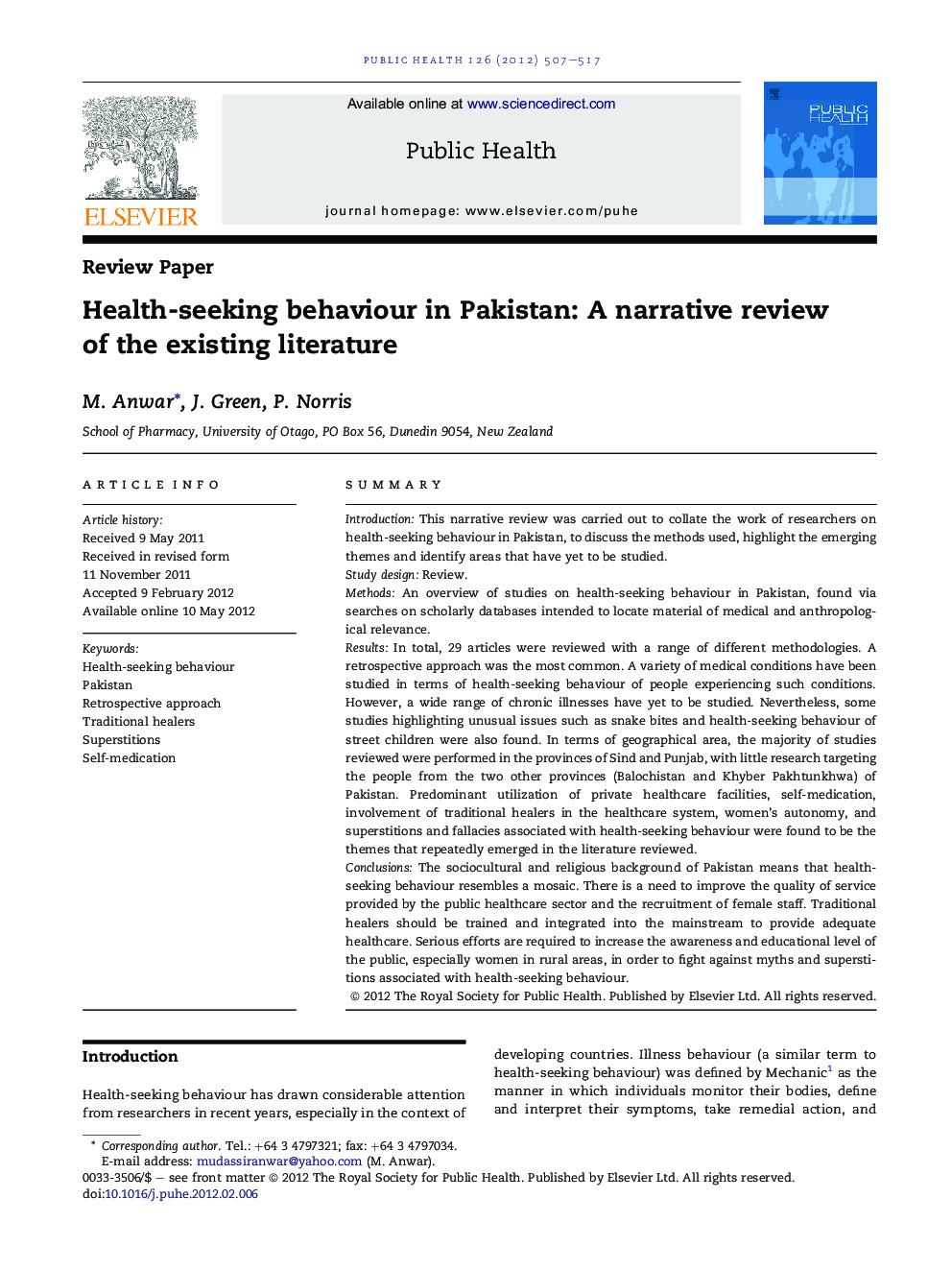 Health-seeking behaviour in Pakistan: A narrative review of the existing literature