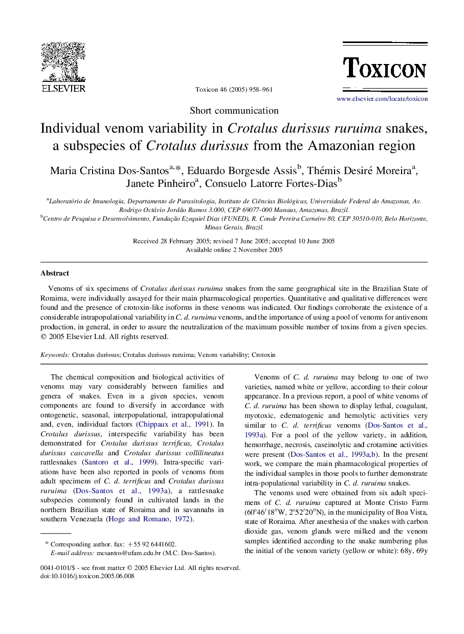 Individual venom variability in Crotalus durissus ruruima snakes, a subspecies of Crotalus durissus from the Amazonian region