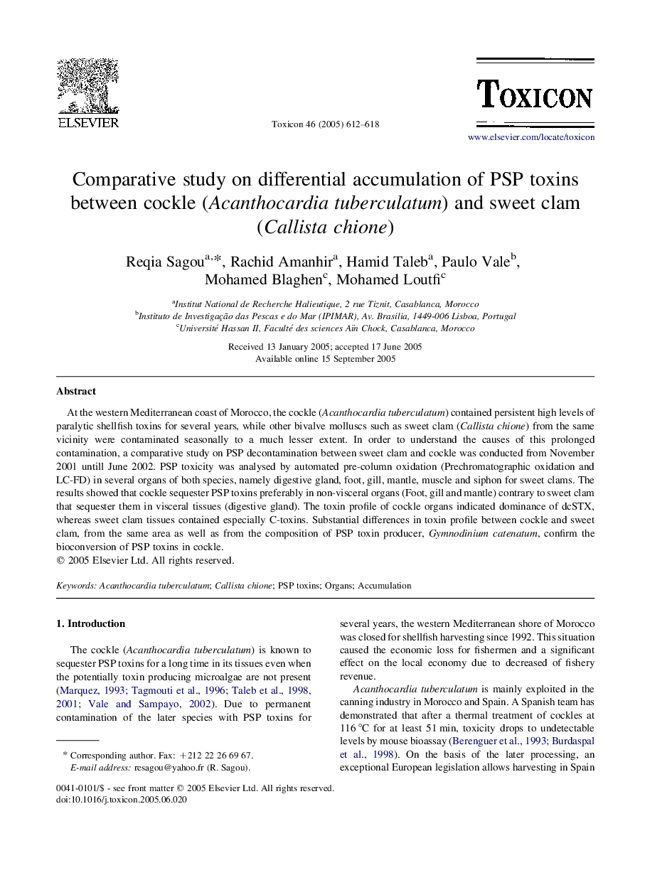 Comparative study on differential accumulation of PSP toxins between cockle (Acanthocardia tuberculatum) and sweet clam (Callista chione)