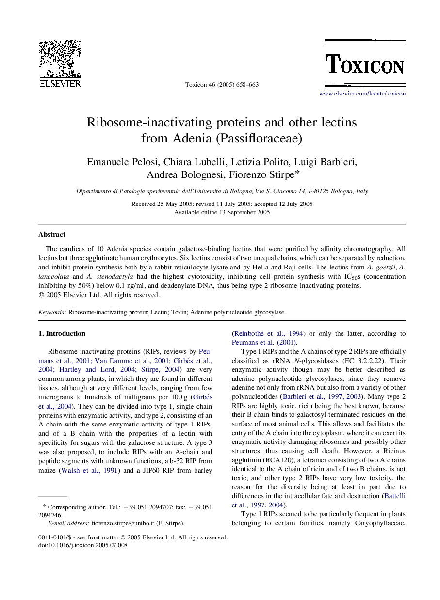 Ribosome-inactivating proteins and other lectins from Adenia (Passifloraceae)