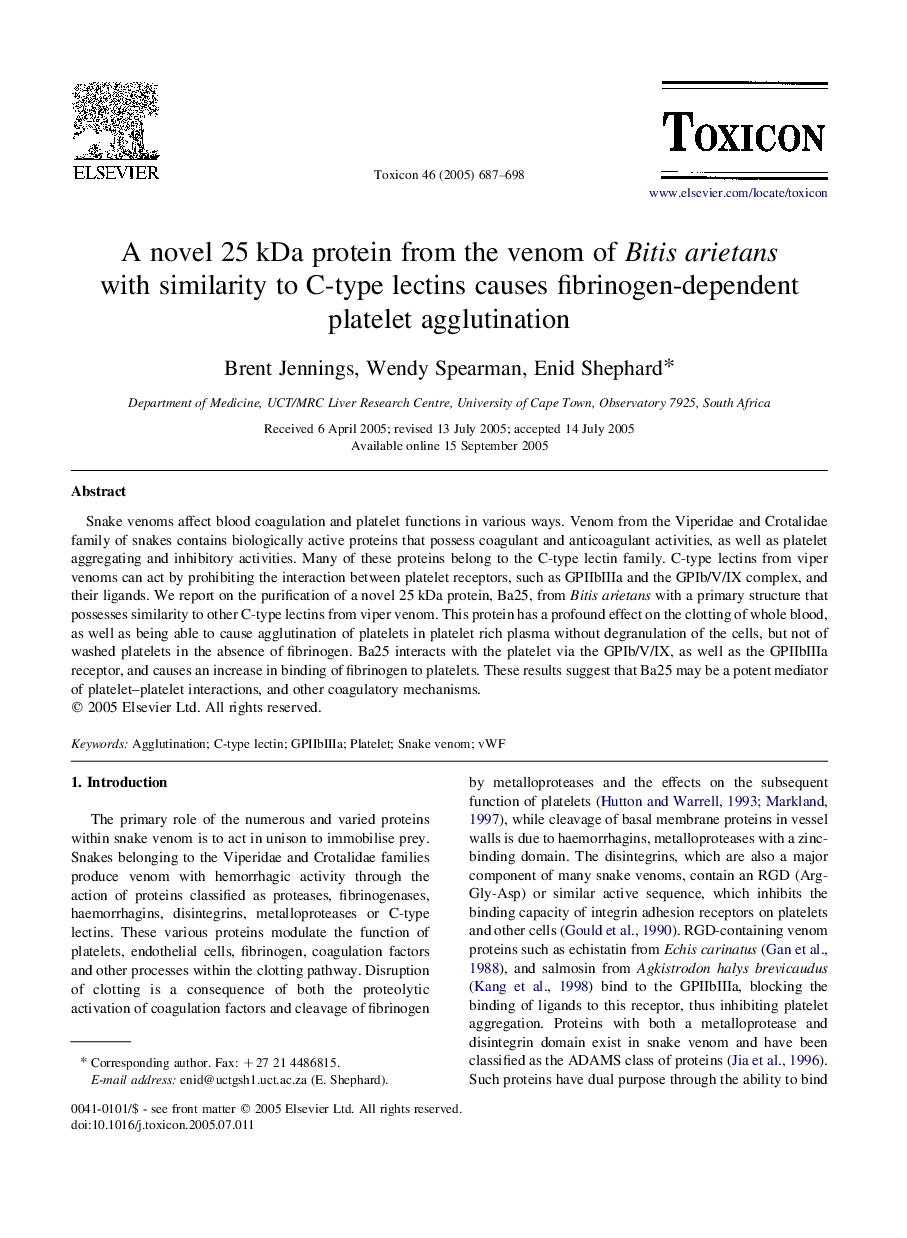 A novel 25Â kDa protein from the venom of Bitis arietans with similarity to C-type lectins causes fibrinogen-dependent platelet agglutination