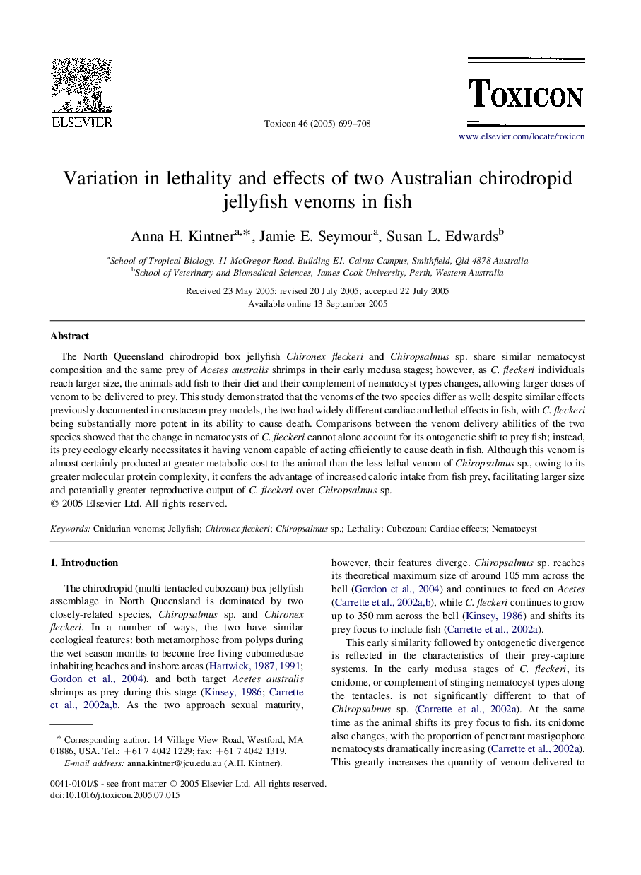 Variation in lethality and effects of two Australian chirodropid jellyfish venoms in fish