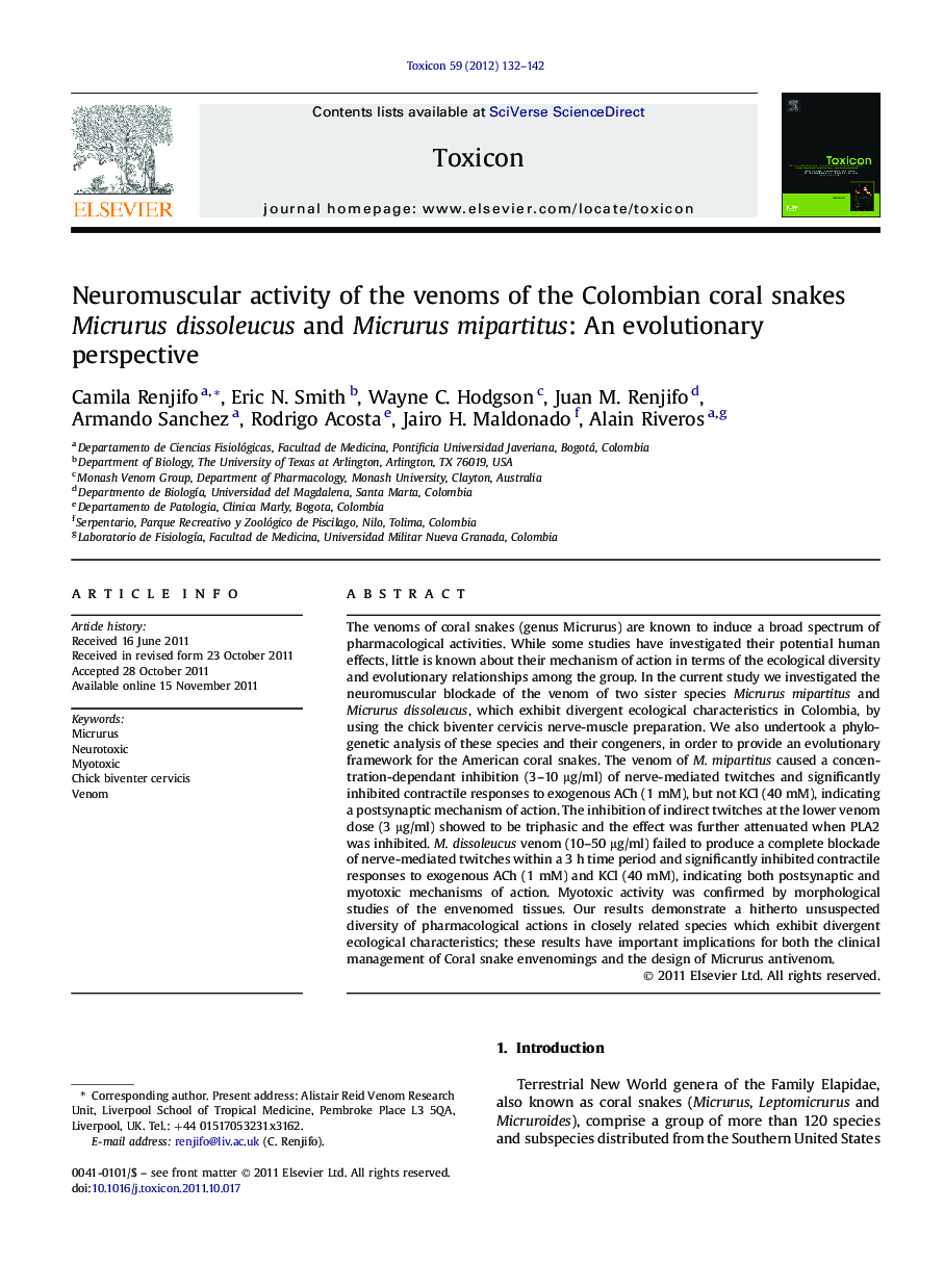 Neuromuscular activity of the venoms of the Colombian coral snakes Micrurus dissoleucus and Micrurus mipartitus: An evolutionary perspective