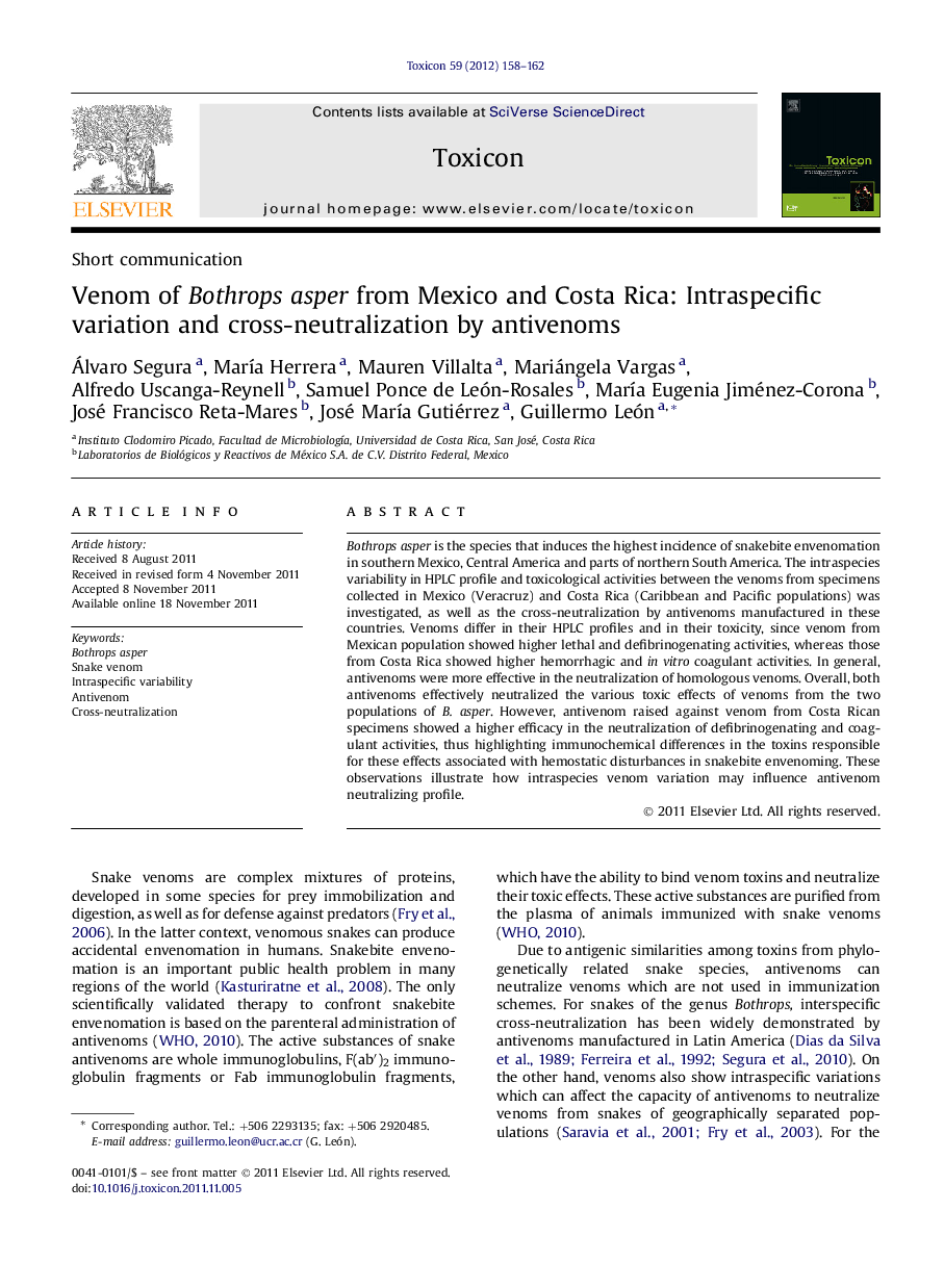 Venom of Bothrops asper from Mexico and Costa Rica: Intraspecific variation and cross-neutralization by antivenoms