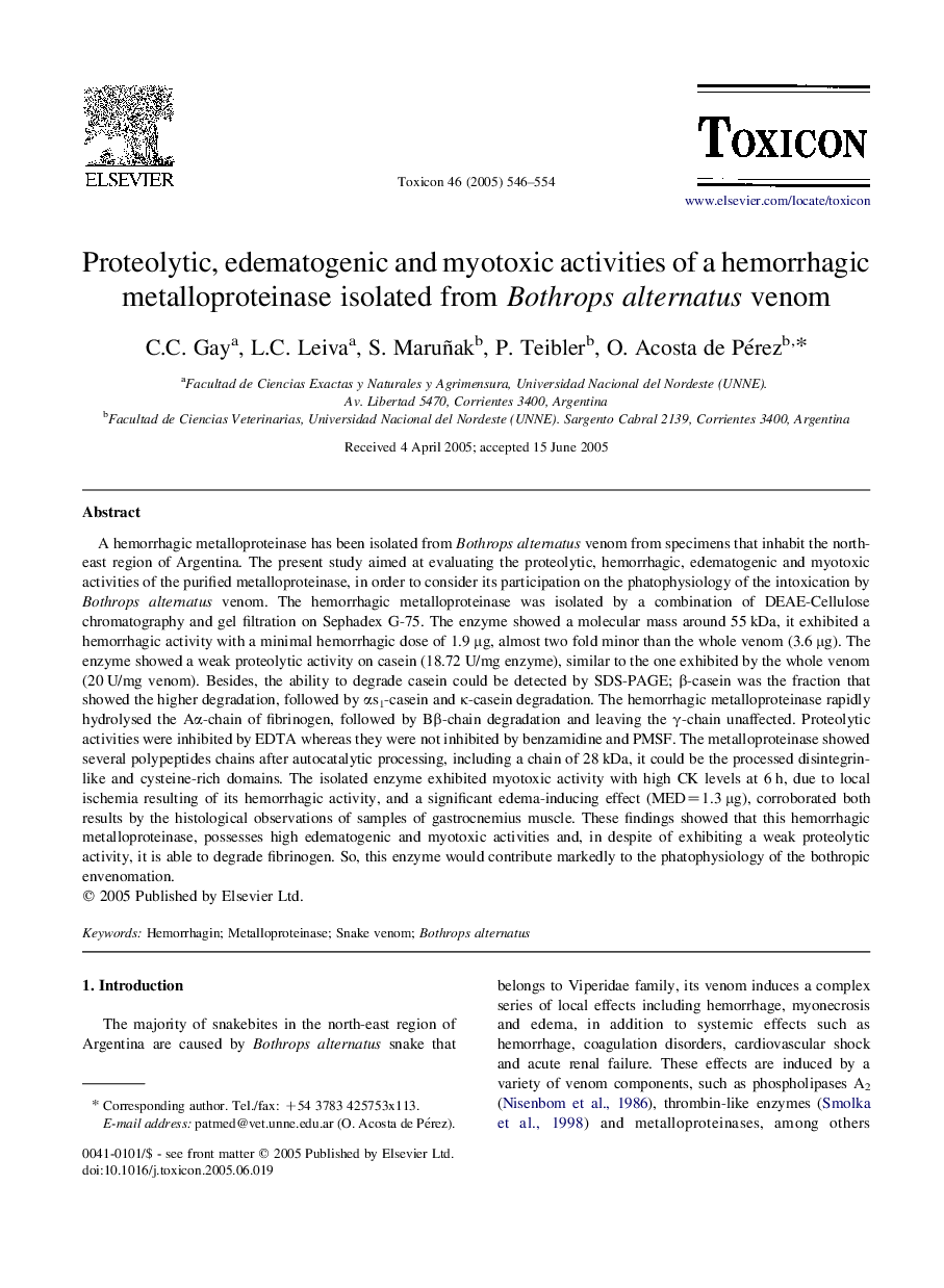 Proteolytic, edematogenic and myotoxic activities of a hemorrhagic metalloproteinase isolated from Bothrops alternatus venom