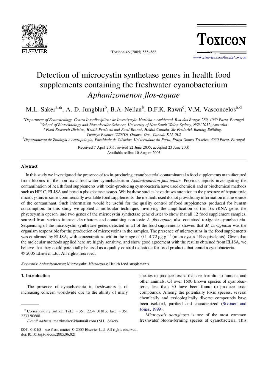 Detection of microcystin synthetase genes in health food supplements containing the freshwater cyanobacterium Aphanizomenon flos-aquae