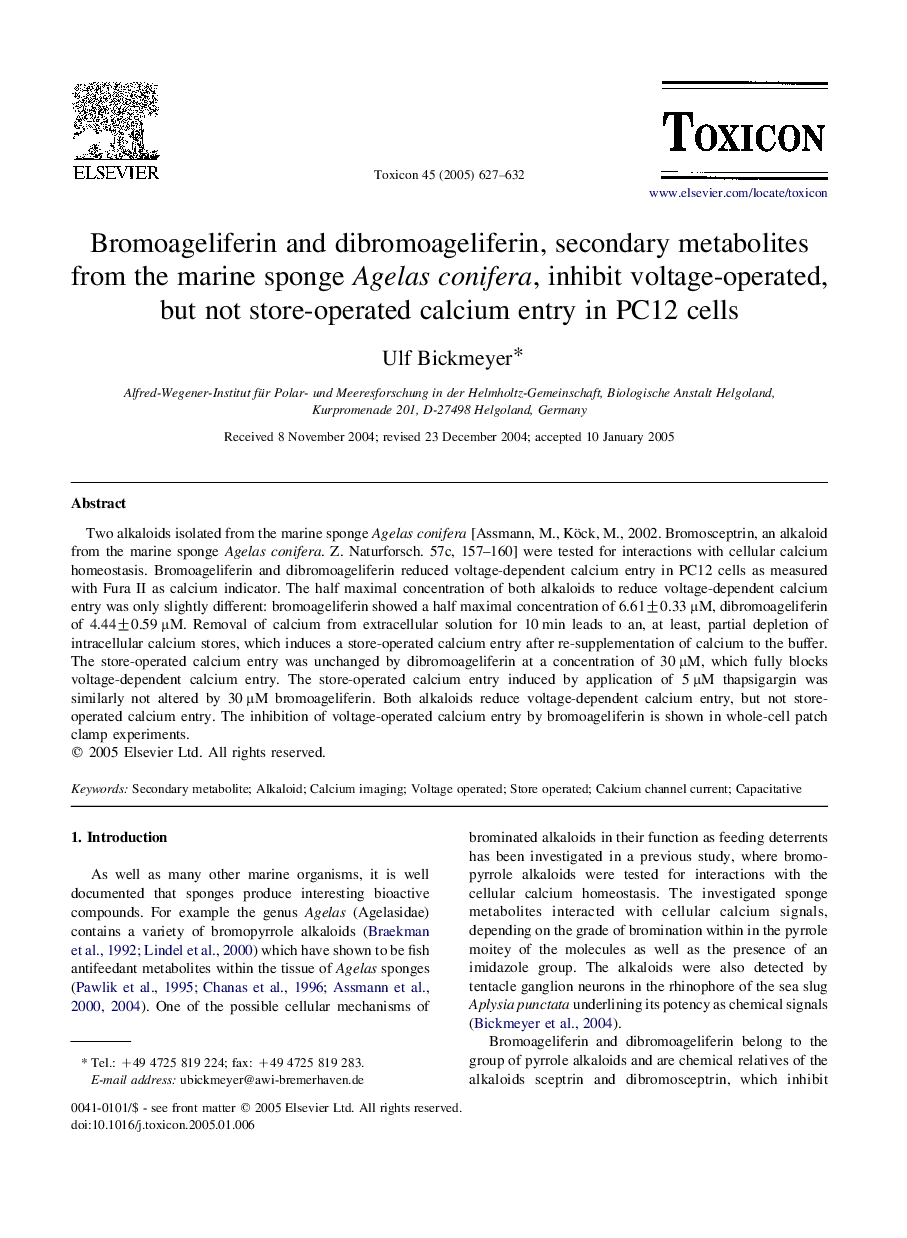 Bromoageliferin and dibromoageliferin, secondary metabolites from the marine sponge Agelas conifera, inhibit voltage-operated, but not store-operated calcium entry in PC12 cells