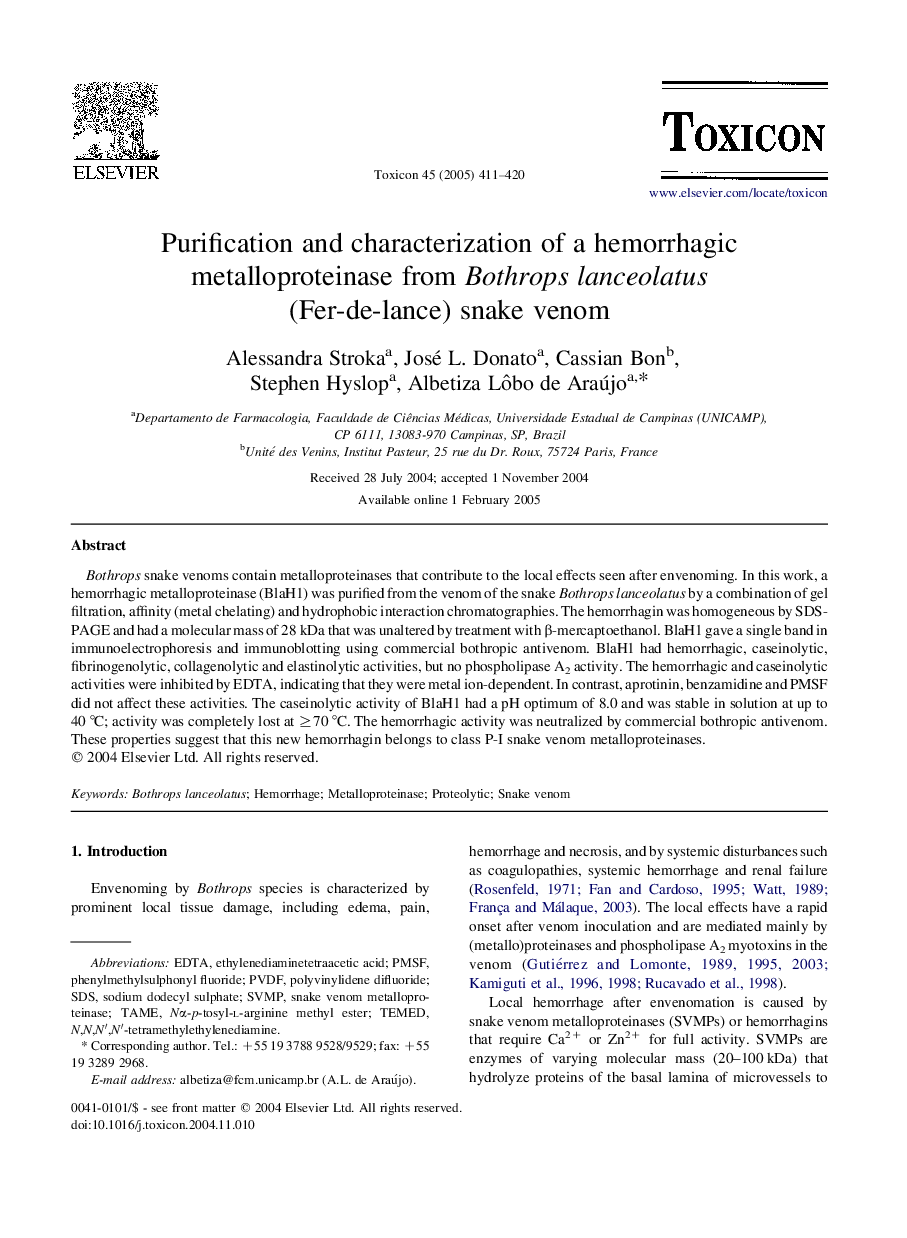 Purification and characterization of a hemorrhagic metalloproteinase from Bothrops lanceolatus (Fer-de-lance) snake venom
