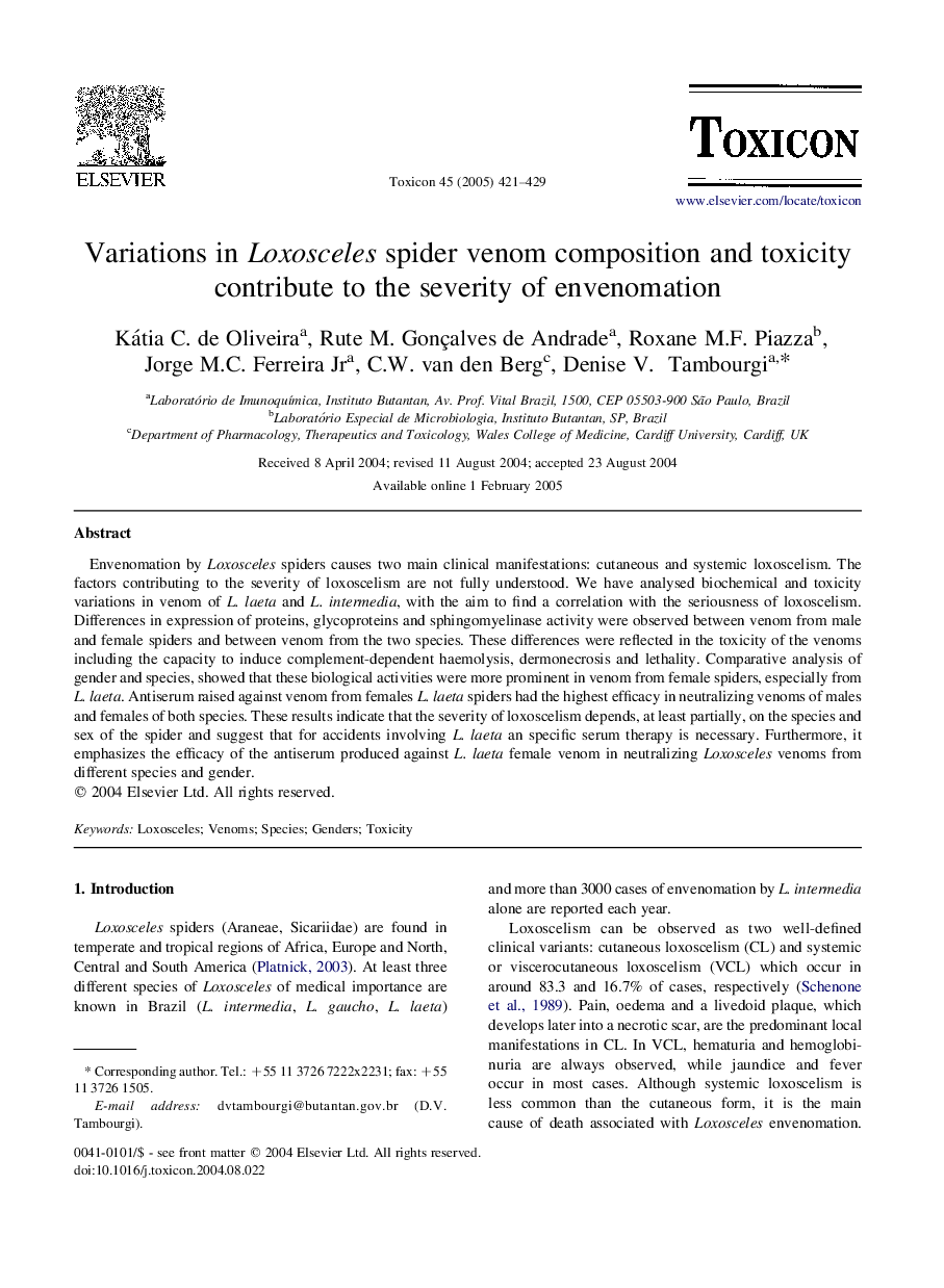 Variations in Loxosceles spider venom composition and toxicity contribute to the severity of envenomation