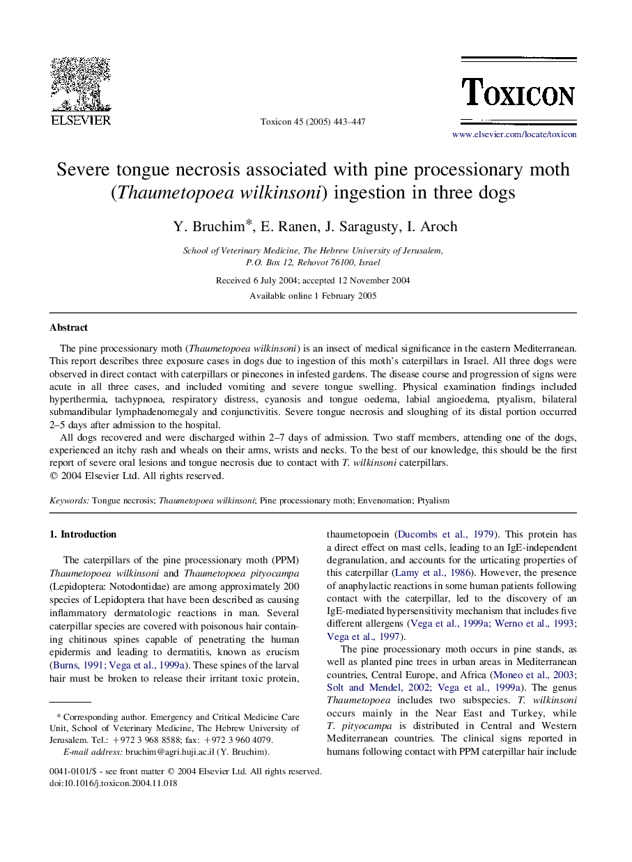 Severe tongue necrosis associated with pine processionary moth (Thaumetopoea wilkinsoni) ingestion in three dogs