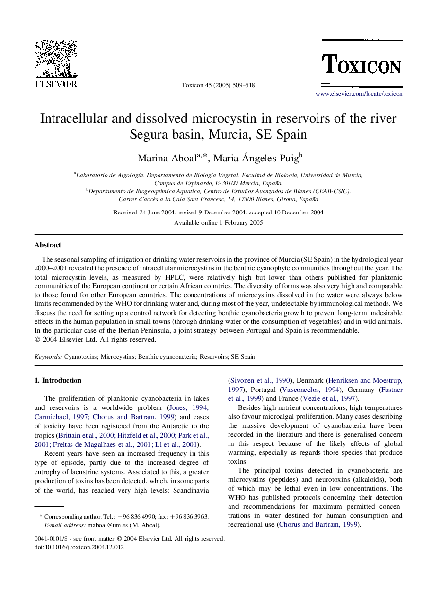 عکس صفحه اول مقاله: Intracellular and dissolved microcystin in reservoirs of the river Segura basin, Murcia, SE Spain Intracellular and dissolved microcystin in reservoirs of the river Segura basin, Murcia, SE Spain