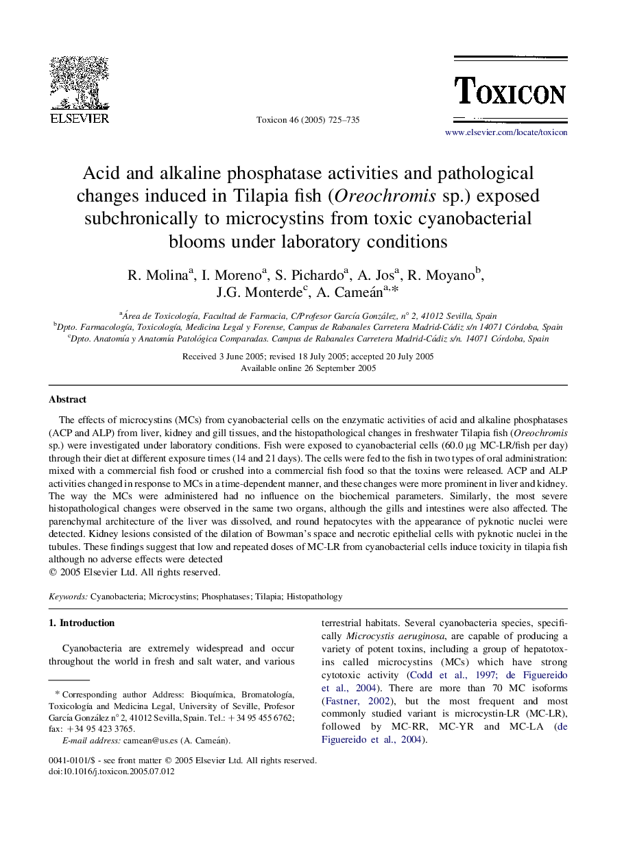 Acid and alkaline phosphatase activities and pathological changes induced in Tilapia fish (Oreochromis sp.) exposed subchronically to microcystins from toxic cyanobacterial blooms under laboratory conditions