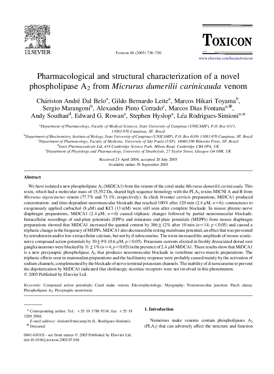 Pharmacological and structural characterization of a novel phospholipase A2 from Micrurus dumerilii carinicauda venom