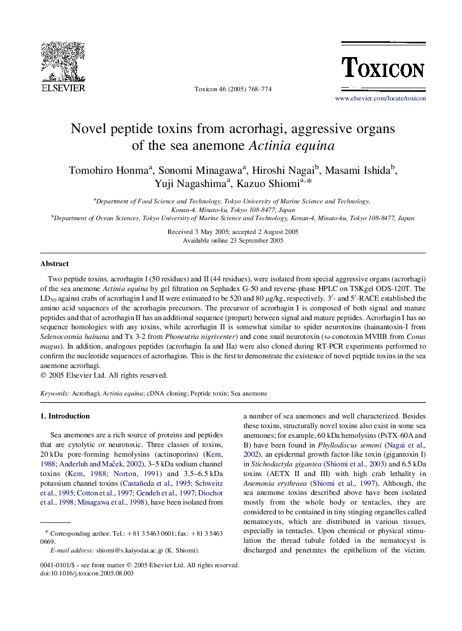 Novel peptide toxins from acrorhagi, aggressive organs of the sea anemone Actinia equina