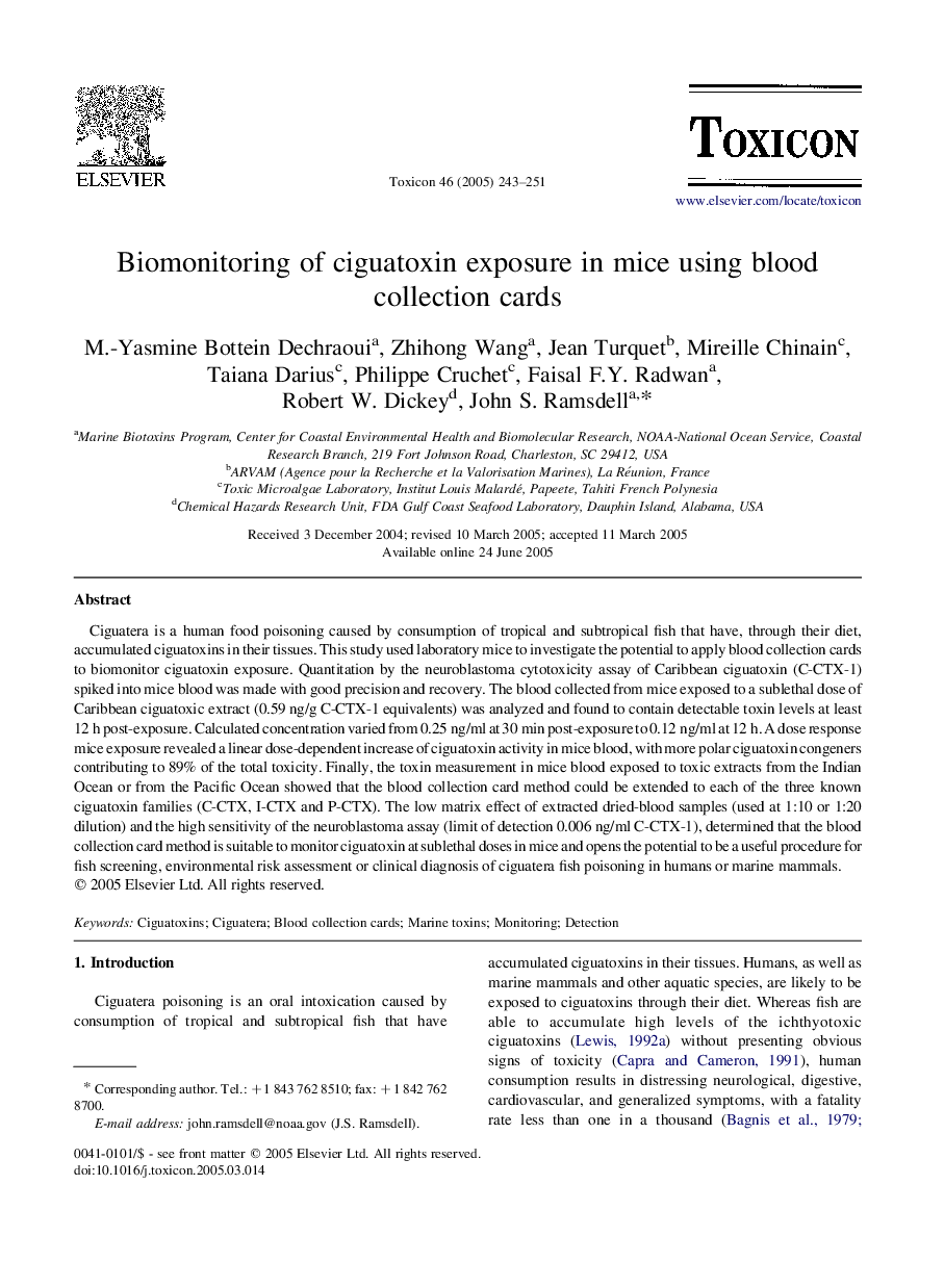 Biomonitoring of ciguatoxin exposure in mice using blood collection cards