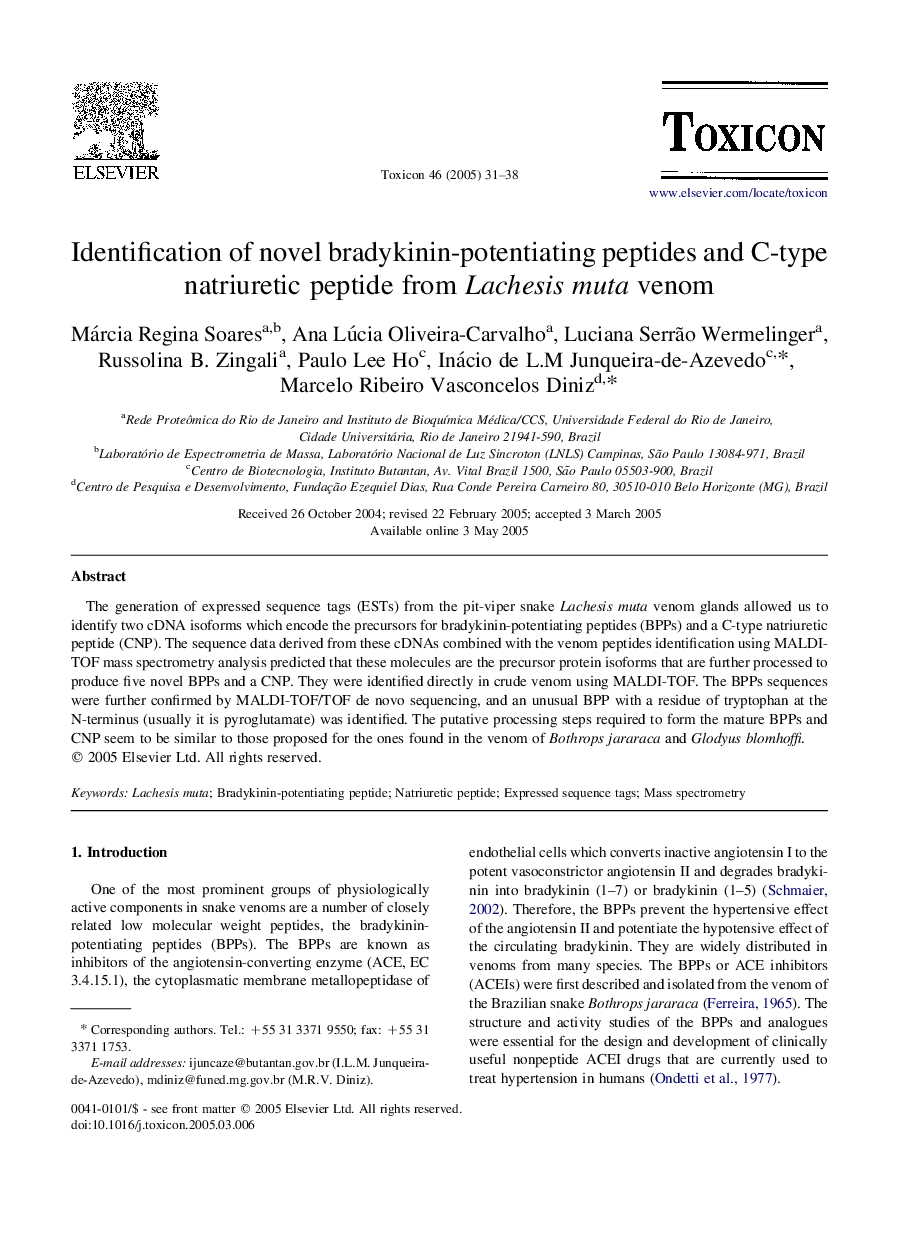 Identification of novel bradykinin-potentiating peptides and C-type natriuretic peptide from Lachesis muta venom