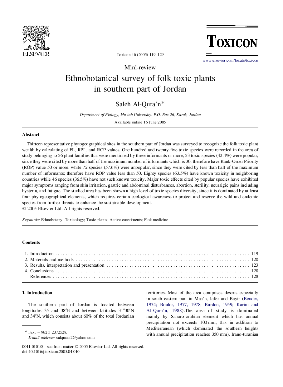 Ethnobotanical survey of folk toxic plants in southern part of Jordan