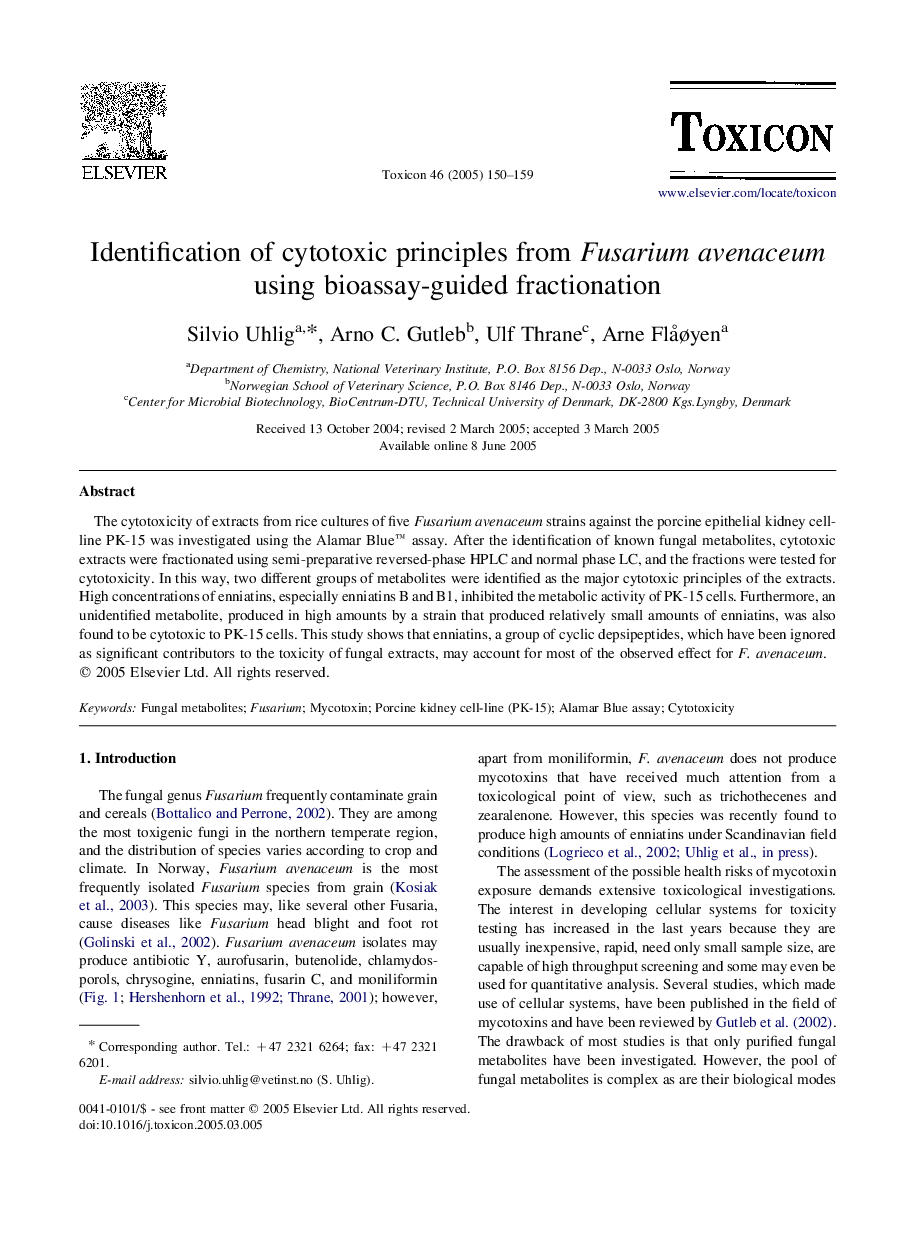 Identification of cytotoxic principles from Fusarium avenaceum using bioassay-guided fractionation