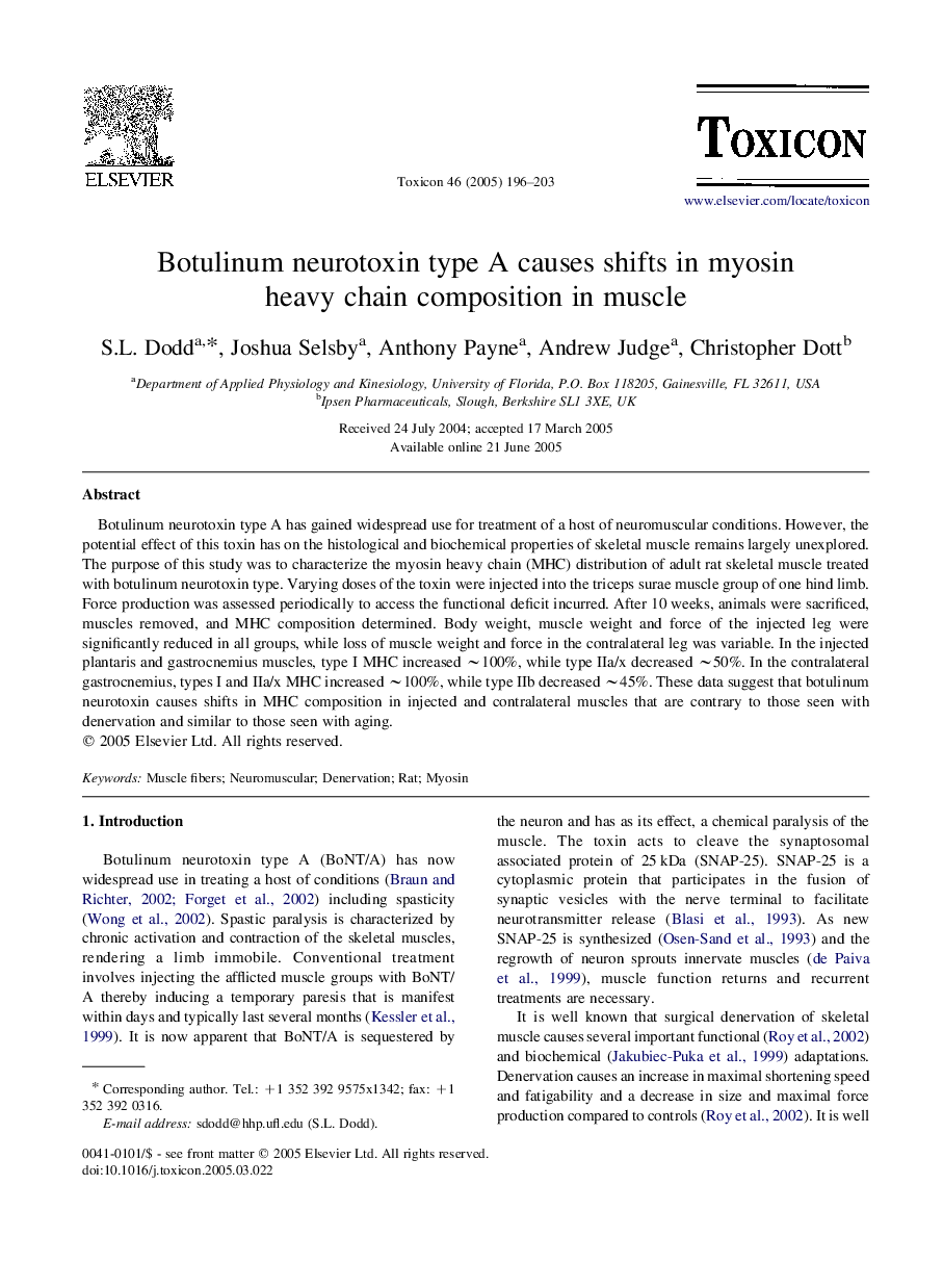 Botulinum neurotoxin type A causes shifts in myosin heavy chain composition in muscle