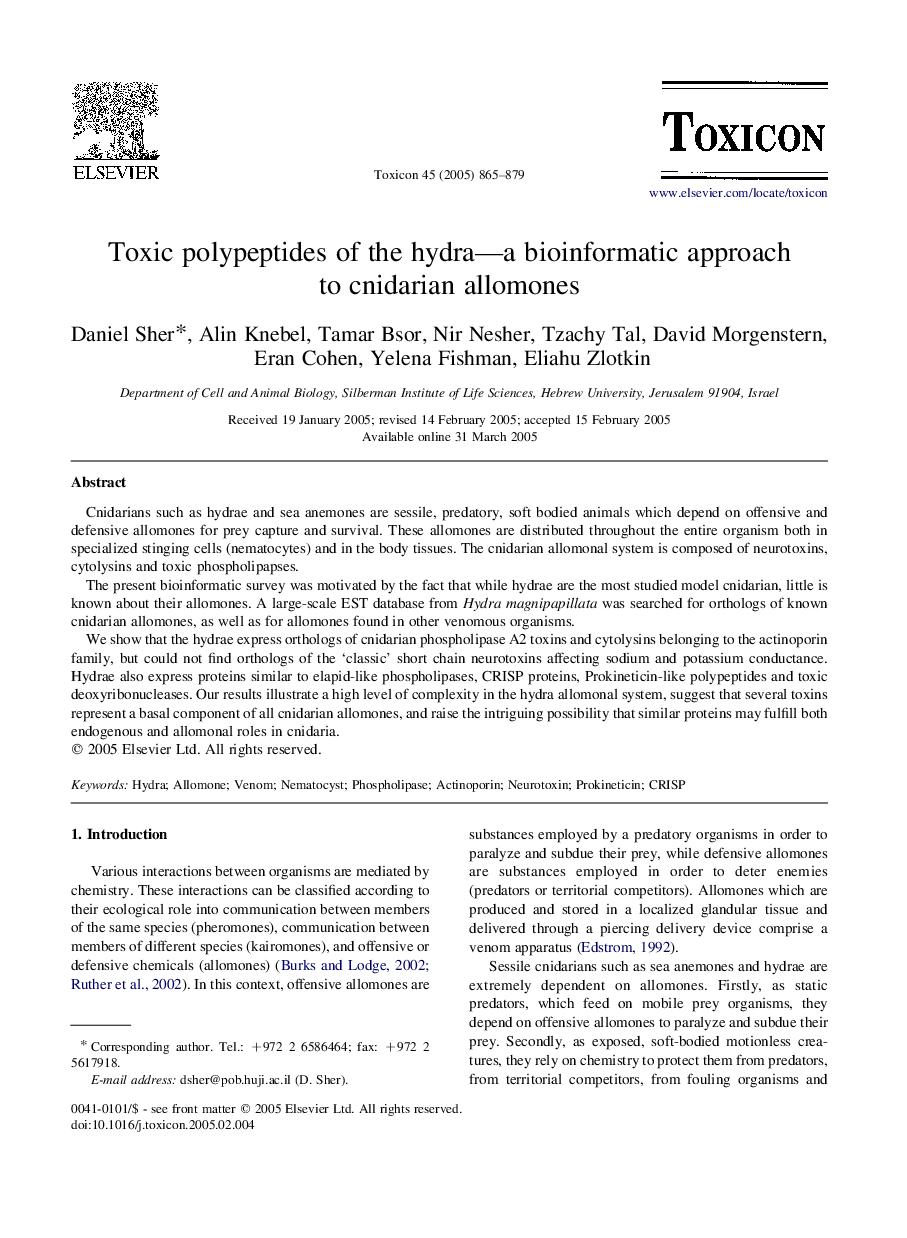 Toxic polypeptides of the hydra-a bioinformatic approach to cnidarian allomones