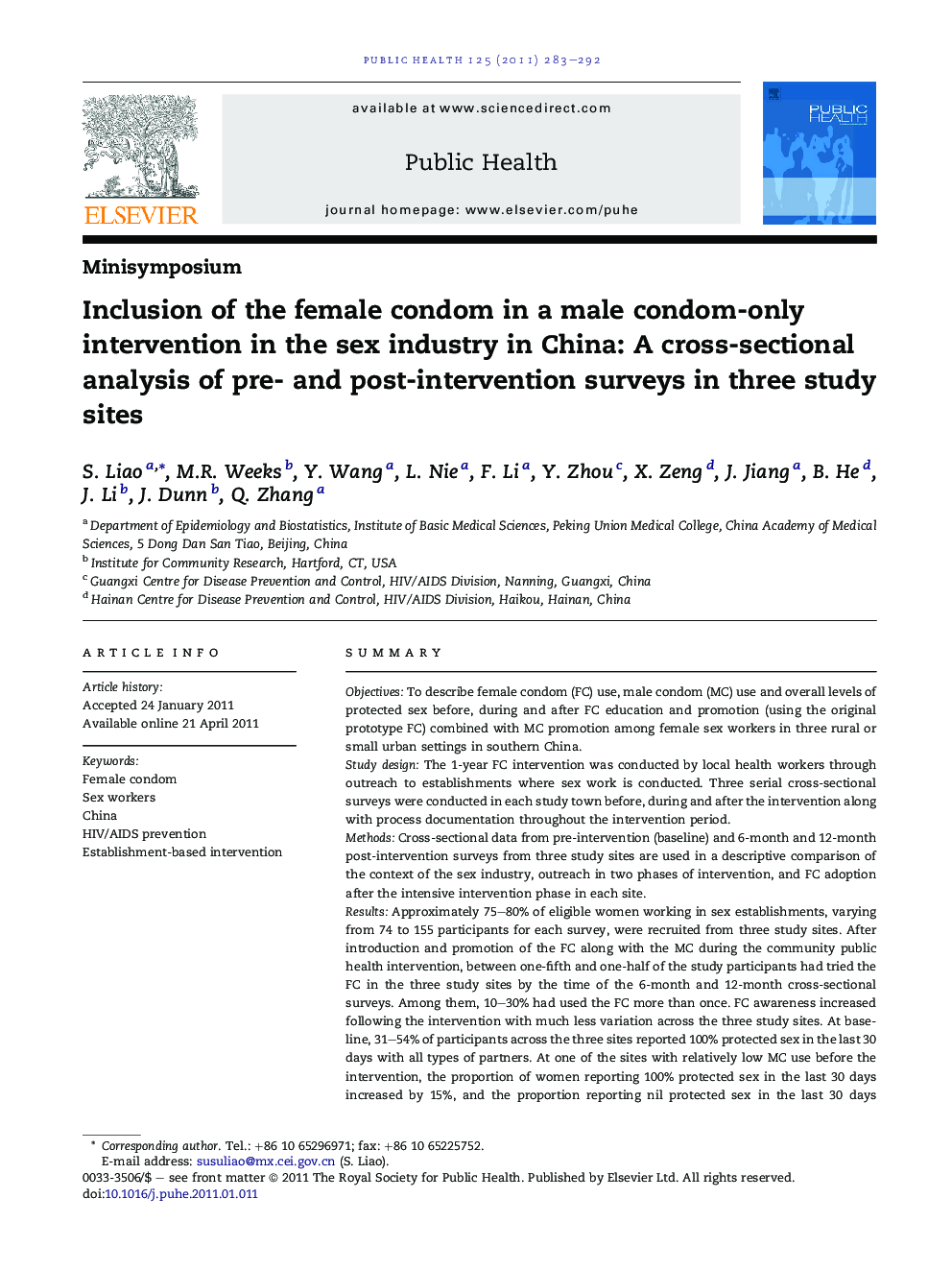 Inclusion of the female condom in a male condom-only intervention in the sex industry in China: A cross-sectional analysis of pre- and post-intervention surveys in three study sites