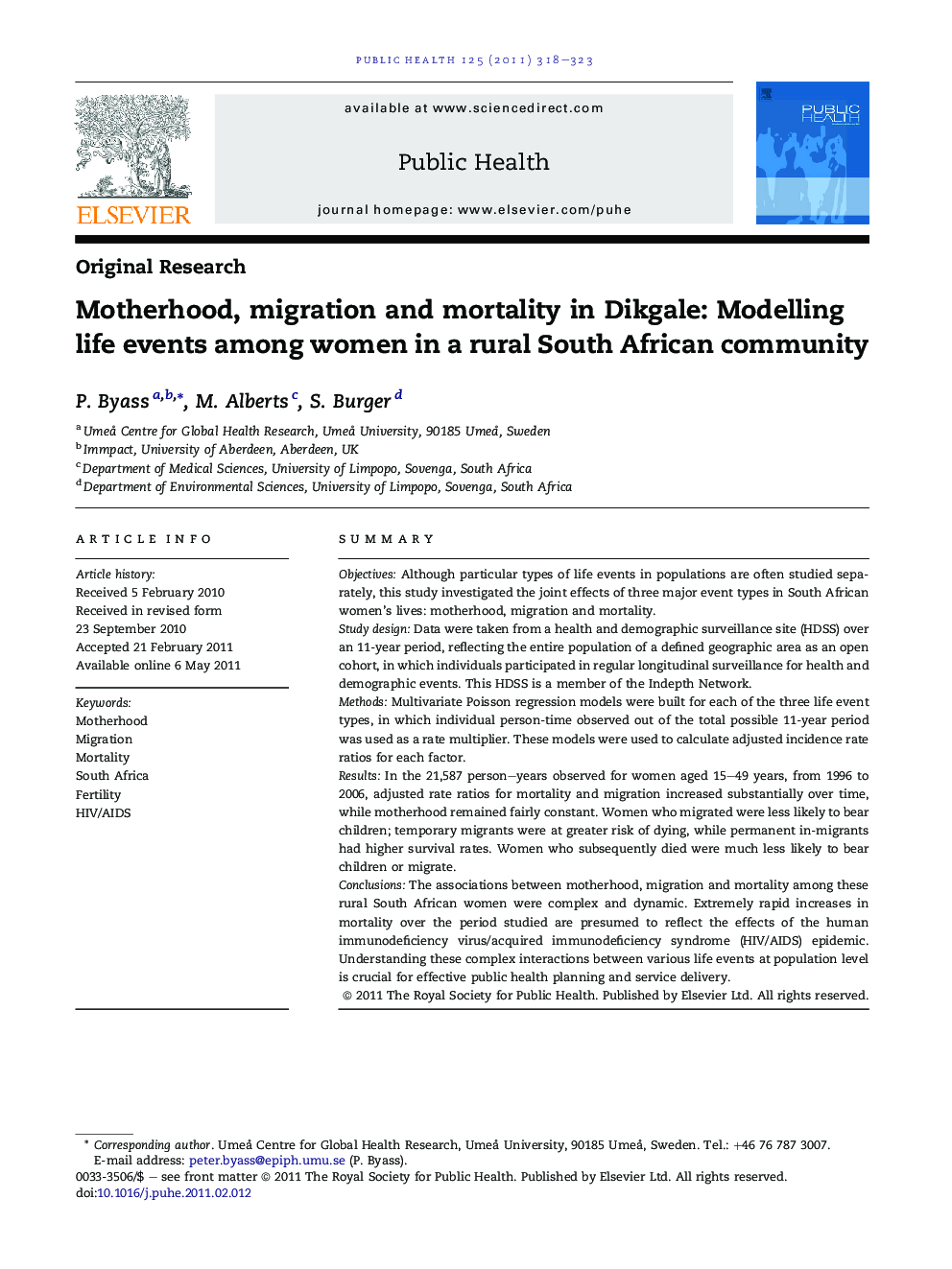 Motherhood, migration and mortality in Dikgale: Modelling life events among women in a rural South African community