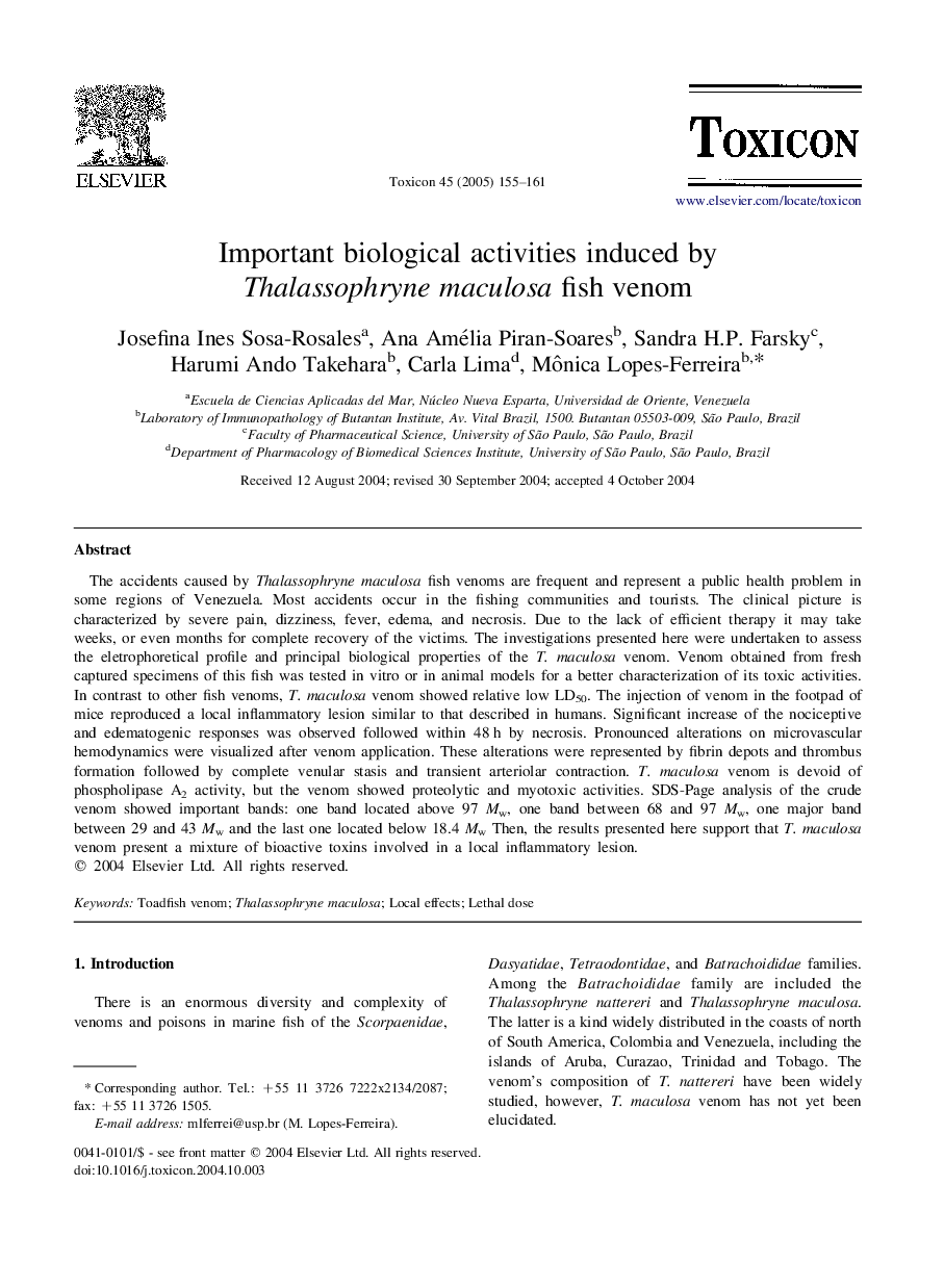 Important biological activities induced by Thalassophryne maculosa fish venom