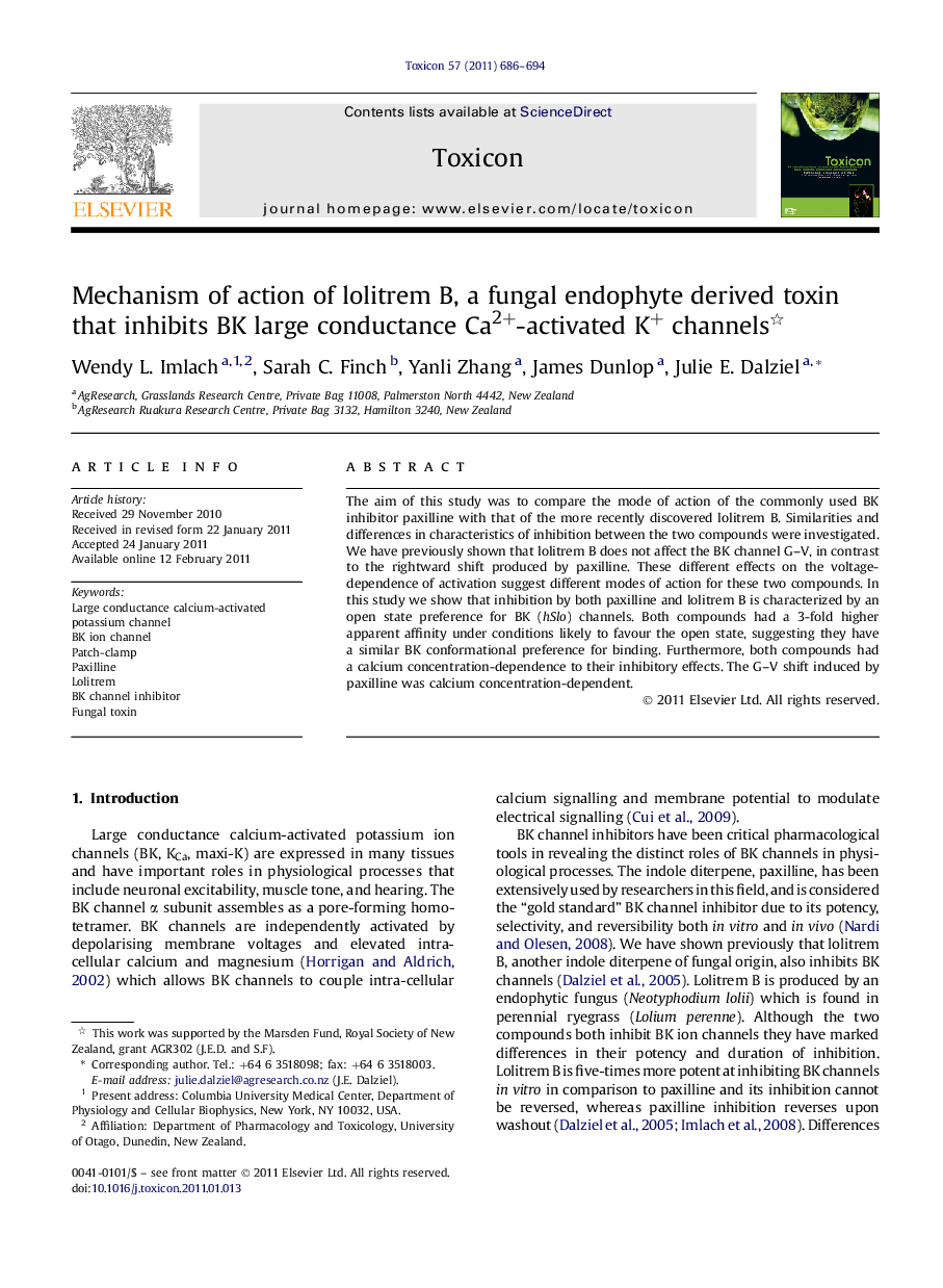 Mechanism of action of lolitrem B, a fungal endophyte derived toxin that inhibits BK large conductance Ca2+-activated K+ channels