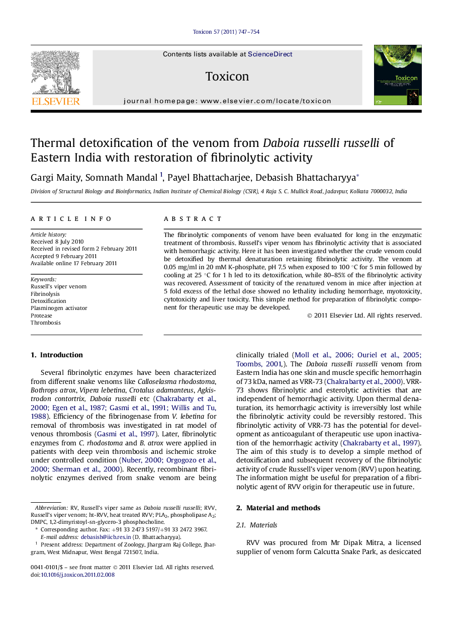 Thermal detoxification of the venom from Daboia russelli russelli of Eastern India with restoration of fibrinolytic activity