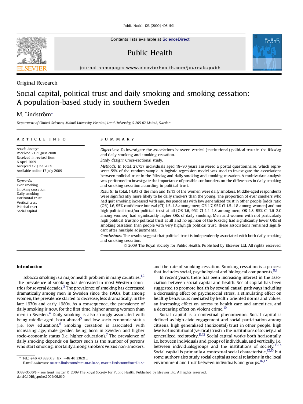 Social capital, political trust and daily smoking and smoking cessation: A population-based study in southern Sweden