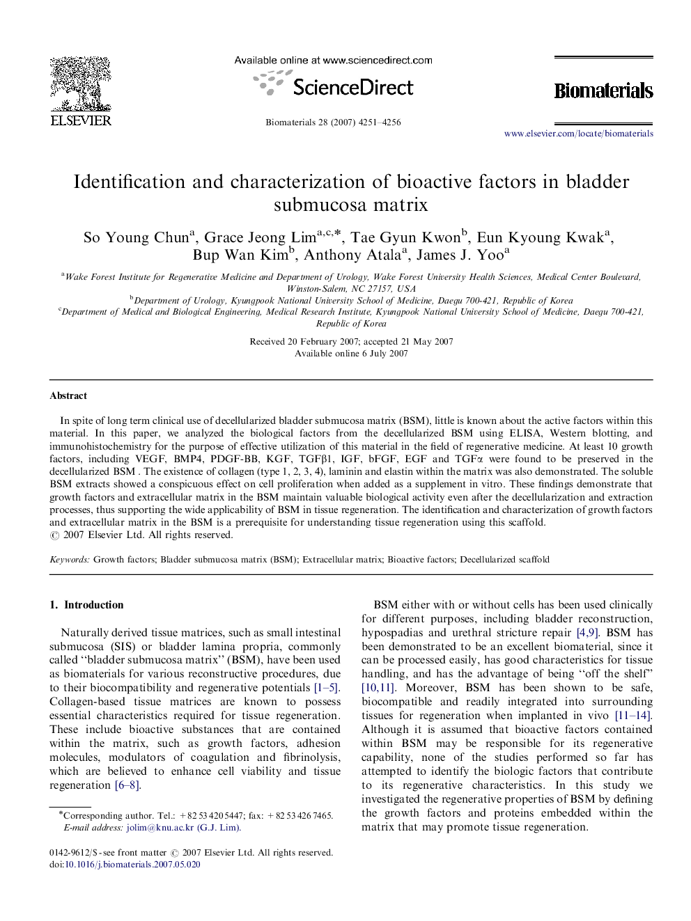 Identification and characterization of bioactive factors in bladder submucosa matrix