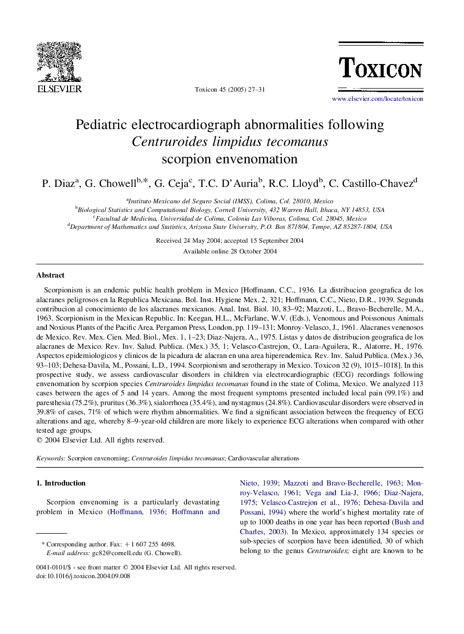 Pediatric electrocardiograph abnormalities following Centruroides limpidus tecomanus scorpion envenomation