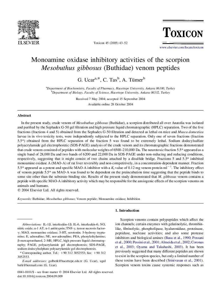 Monoamine oxidase inhibitory activities of the scorpion Mesobuthus gibbosus (Buthidae) venom peptides