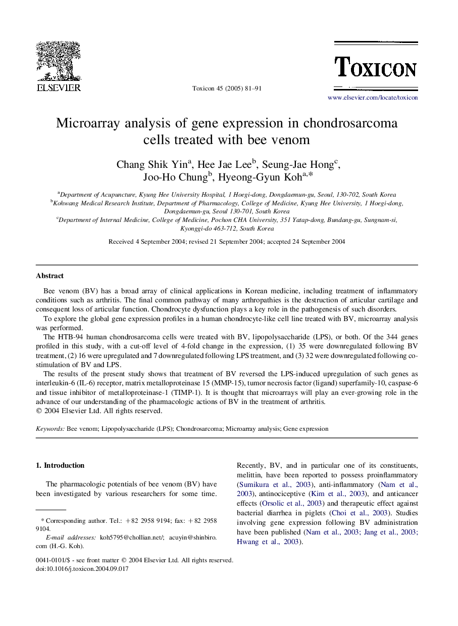 Microarray analysis of gene expression in chondrosarcoma cells treated with bee venom