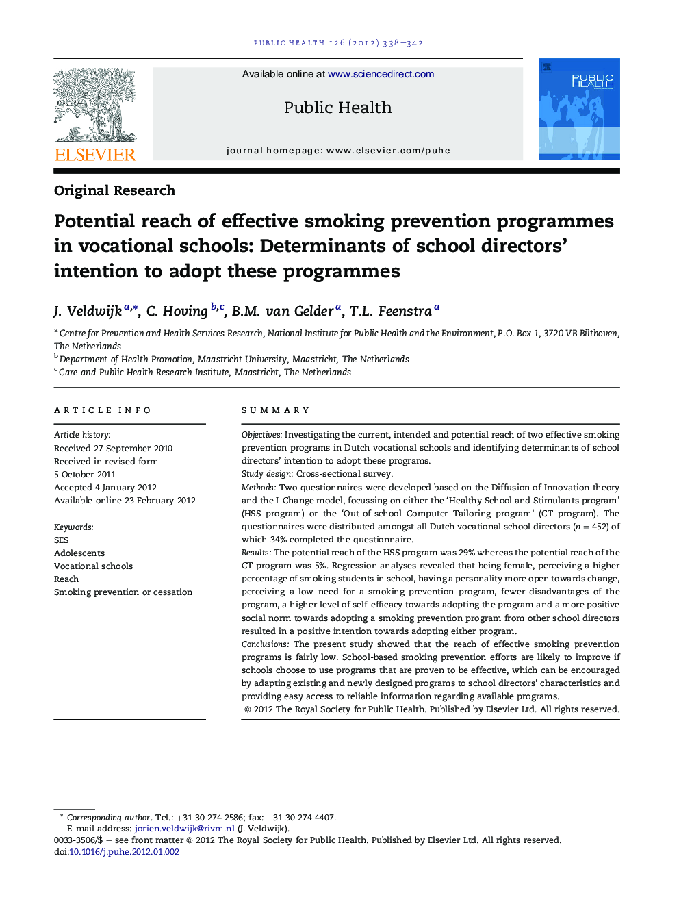 Potential reach of effective smoking prevention programmes in vocational schools: Determinants of school directors’ intention to adopt these programmes