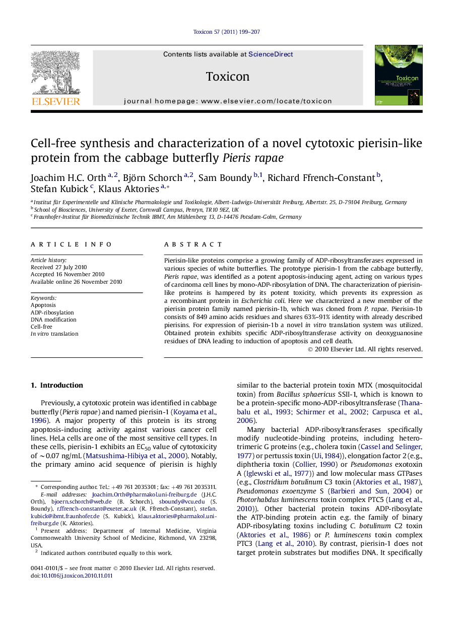 Cell-free synthesis and characterization of a novel cytotoxic pierisin-like protein from the cabbage butterfly Pieris rapae