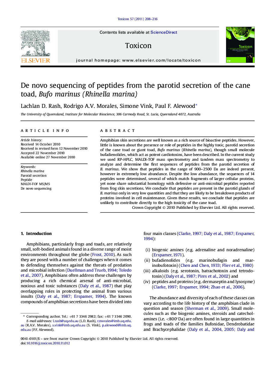 De novo sequencing of peptides from the parotid secretion of the cane toad, Bufo marinus (Rhinella marina)