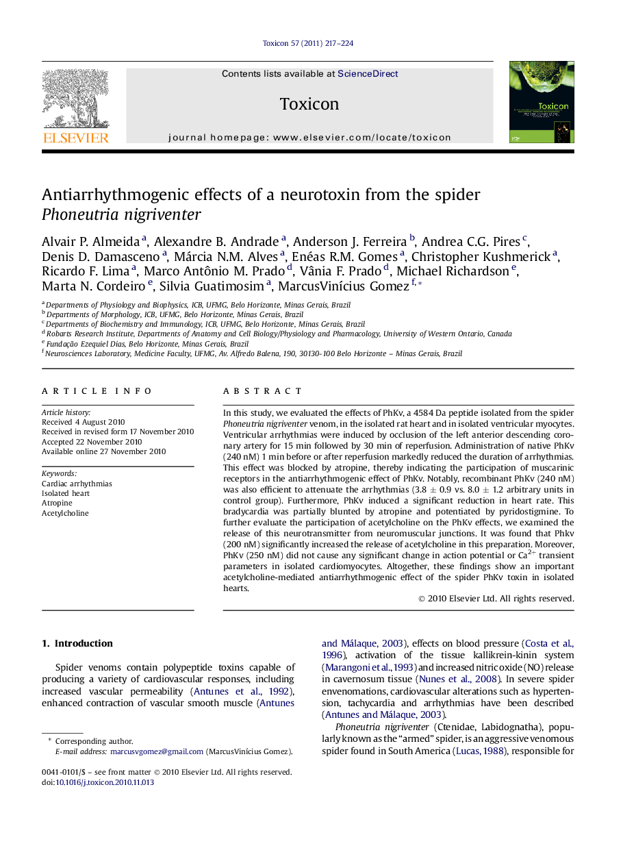 Antiarrhythmogenic effects of a neurotoxin from the spider Phoneutria nigriventer