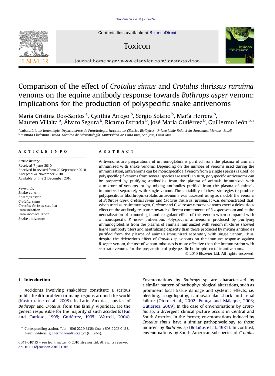 Comparison of the effect of Crotalus simus and Crotalus durissus ruruima venoms on the equine antibody response towards Bothrops asper venom: Implications for the production of polyspecific snake antivenoms